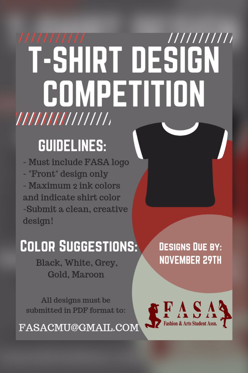 FASACMU's tweet image. 4 Days Left‼️ We need your help in decorating our official member t-shirts! Rule 1. The design must include the FASA logo &amp;amp; have a max of 2 ink colors. Designs must be submitted by or before November 29th to FASACMU@gmail.com !👕 (Winner will receive a FREE FASA T-shirt ! 😮)