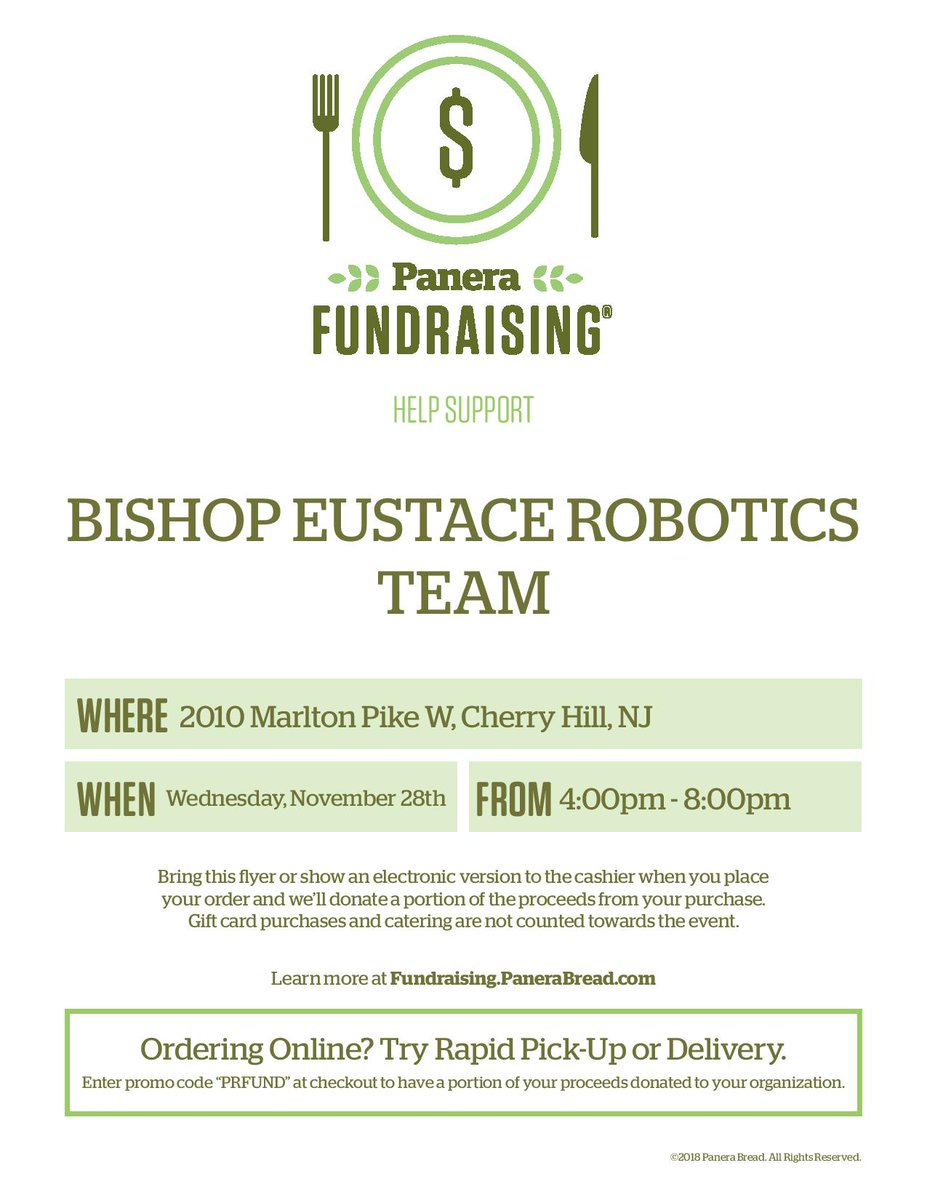 BERT4750's tweet photo. Come out and support our team this Wednesday at the Garden State Park Panera! Show this flyer for Panera to donate 20% of your order to our team!! #bert4750 https://t.co/WObMumj85F