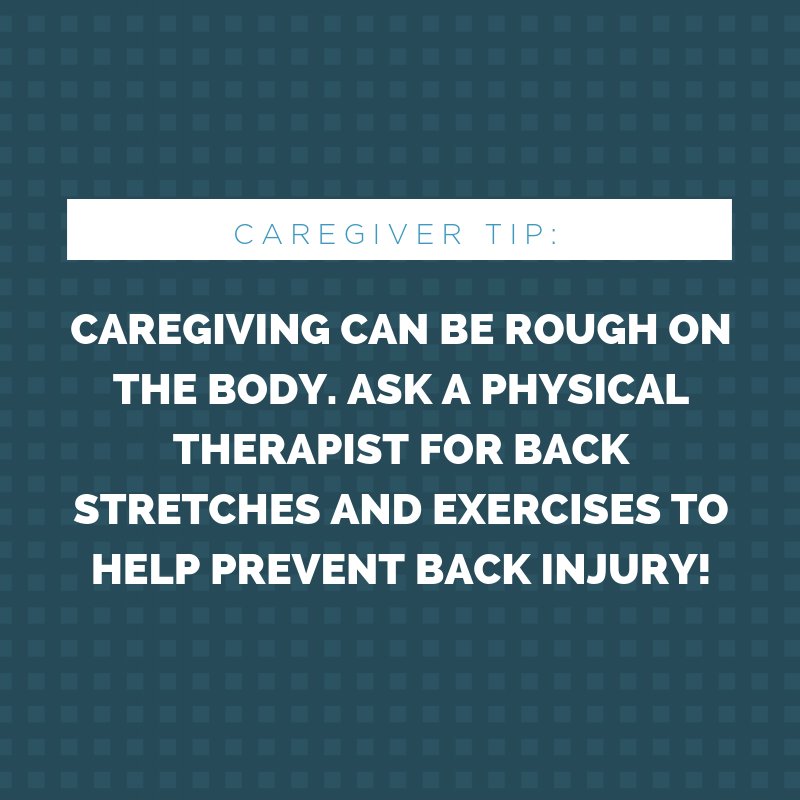 GrandVillaofM's tweet photo. #CaregivingTip: Caregiving can be rough on the body. Ask a physical therapist for back stretches and exercises to help prevent back injury! https://t.co/qJGt0cfUVm #eldercare https://t.co/XTdTxy4KLz