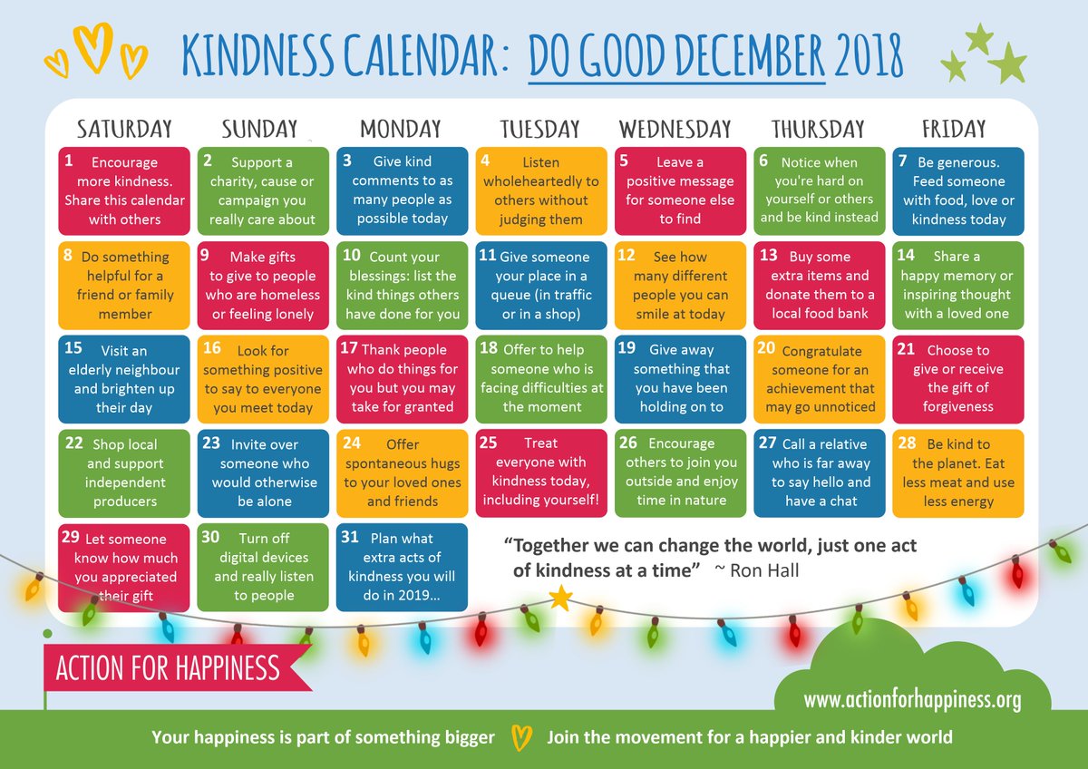 actionhappiness's tweet image. Less shopping, more kindness! We're getting excited about the launch of our new Do Good December kindness calendar 🙏🎁💕

actionforhappiness.org/do-good-decemb… #DoGoodDecember