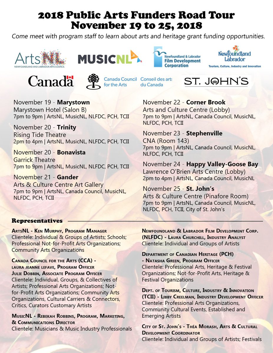 NLArtsCouncil's tweet photo. The public arts funder road tour w/our colleagues concludes in  @CityofStJohns at @ACCStJohns this evening from 7pm to 9pm! Come meet w/pgm staff! Full details: https://t.co/w8iO0OUQNm #nlarts CC @CanadaCouncil @_MusicNL_ @TCII_GovNL @CdnHeritage #NLFDC https://t.co/zVzDWM5ibs