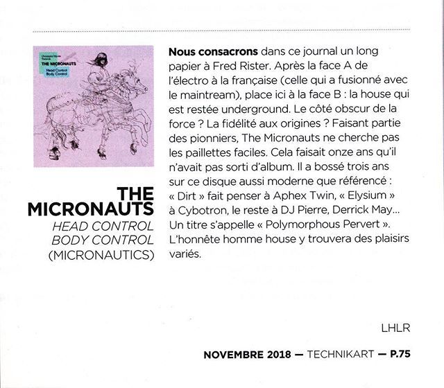 micronautics_'s tweet photo. Nice review of @The.Micronauts’ forthcoming album “Head Control Body Control” in the November print issue of the French cultural mag @technikart_mag!
.
.
.
#pressclipping #presscoverage #headcontrolbodycontrol #acidparty #album #newalbum #cd #novamd #dan… https://t.co/AzVElEnbZA https://t.co/5Nhv7KphY8