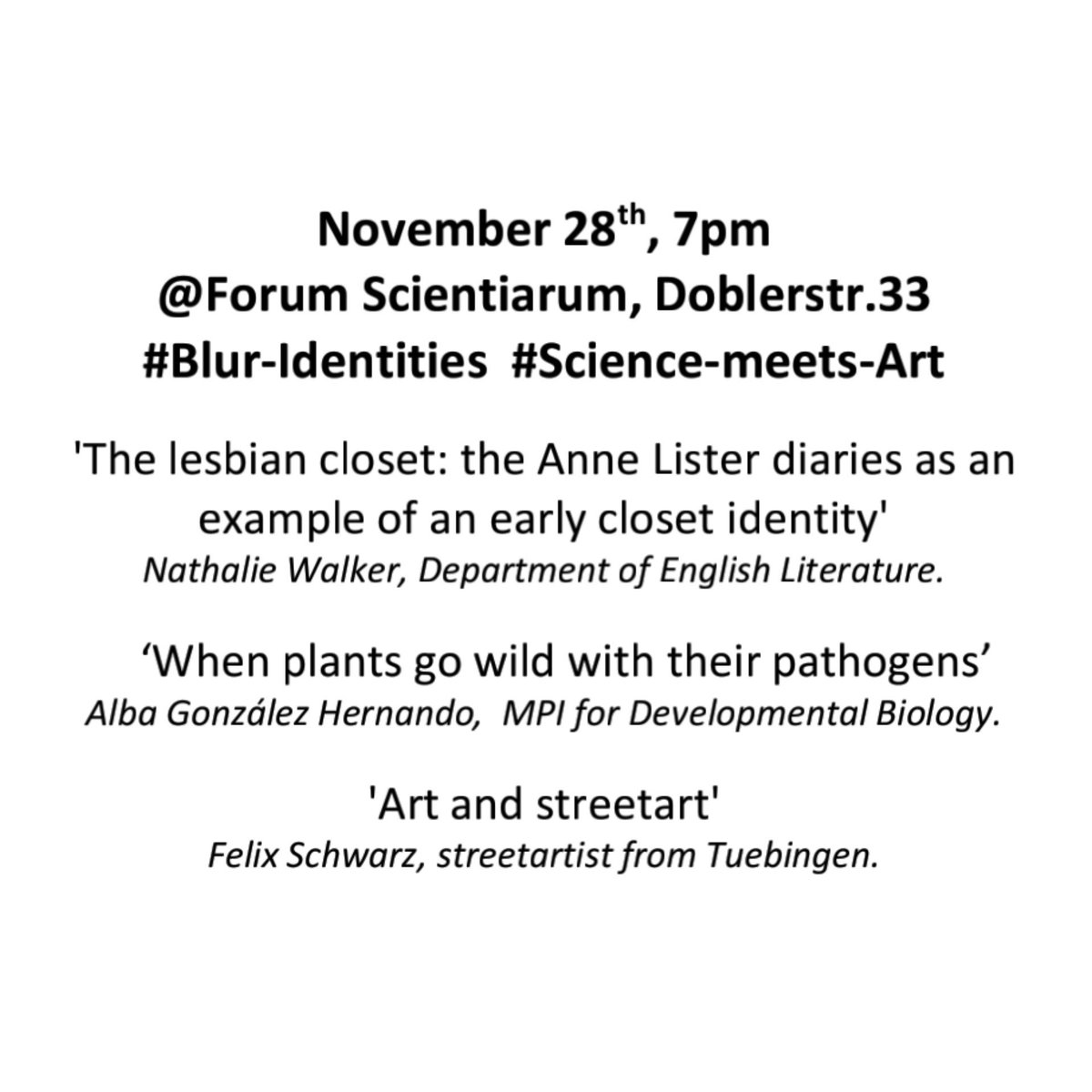 TogetherWeSci's tweet photo. November 28th, 7pm @ForumScientiarum @uni_tue - We would like to invite you to join the #interdisciplinary seminar session of #TogetherWeScience #sciencemeetsart #sciart #sciXart #Identity https://t.co/oEVN7UcEaK