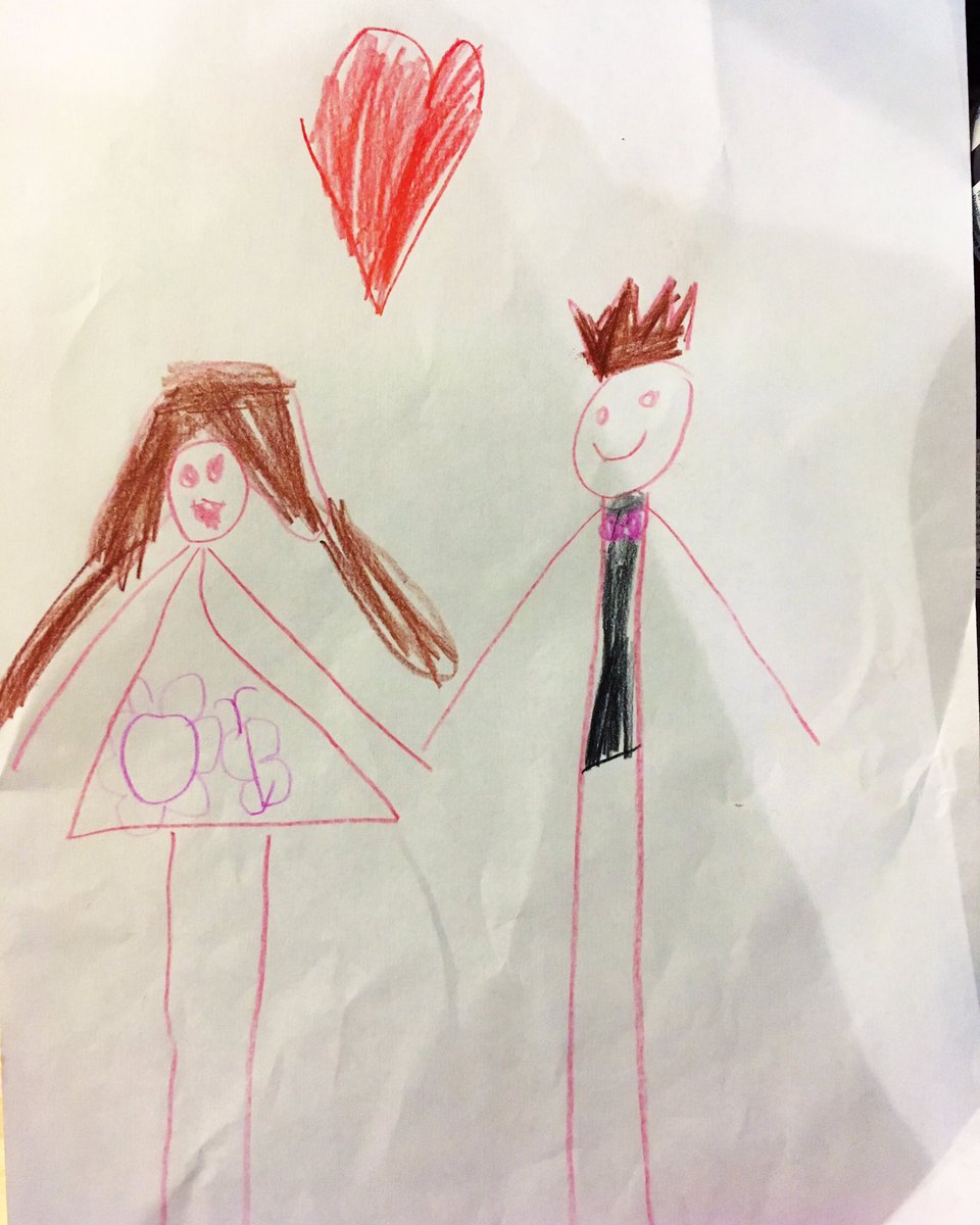 JudieannRose's tweet photo. Me and @jon_mck getting married by Rose, aged 6. I’m going to rock the Mary Quant wedding mini! #kidsart #meandhim #weddingday #notevenengaged https://t.co/1CT38914qr