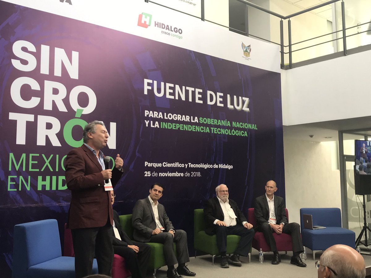 NodoHidalgo's tweet photo. Sincrotrón Mexicano en Hidalgo Primer Panel Impacto del Sincrotrón en un País Principales Desafíos conformado por expertos internacionales ex directores y directores de sincrotrones en el mundo e integrantes de la @RedGlobalMX @vdelriobello @LRFloresC #TransferenciaDeConocimiento https://t.co/ikSXh0Z8sq