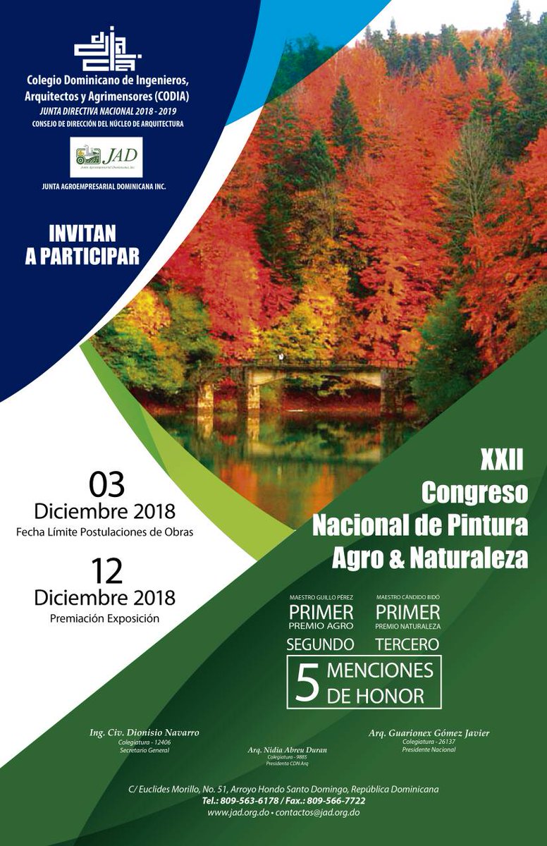 CodiaCentral's tweet photo. #CodiaInforma #CodiaCongreso

El #CodiaRD y @AGROEMPRESA invitan al "XXII Congreso Nacional de Pintura Agro y Naturaleza", lunes 3 de diciembre 2018, fecha límite postulaciones de obras y 12 de diciembre 2018 premiación de la exposición. https://t.co/QtjFiX0i5C
