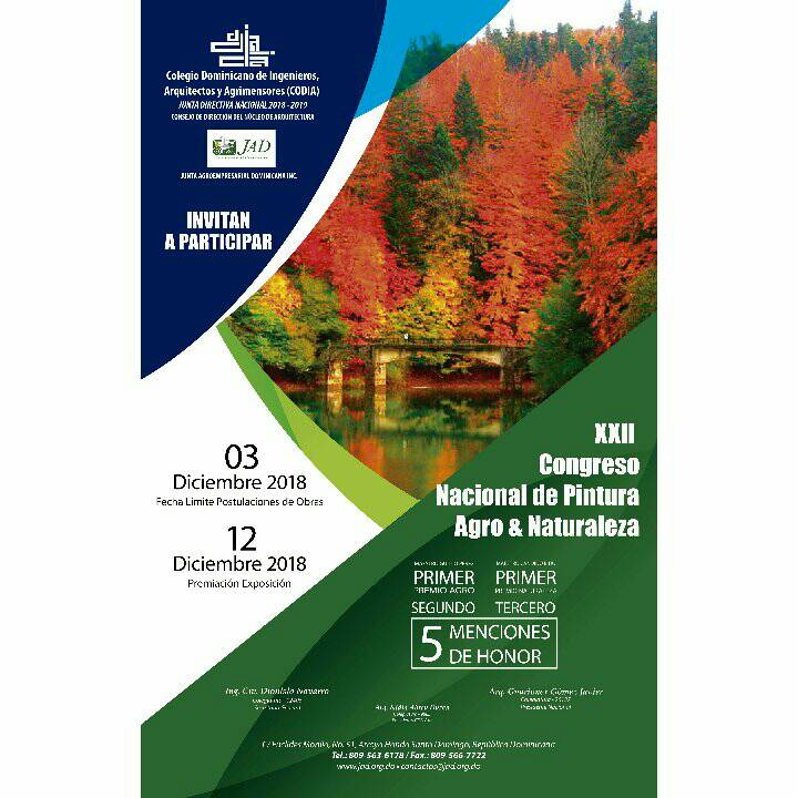 CodiaCentral's tweet photo. #CodiaInforma #CodiaCongreso

El #CodiaRD y la Junta Agroempresarial Dominicana Inc. invitan al "XXII Congreso Nacional de Pintura Agro y Naturaleza", lunes 3 de diciembre 2018, fecha límite postulaciones de obras y 12 de diciembre 2018 premiación de la exposición. https://t.co/1fxgbLm7iO