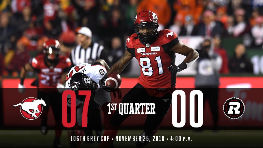 calstampeders's tweet photo. #Stamps lead after one!

#GreyCup #12Strong https://t.co/NSAiJ2hINE