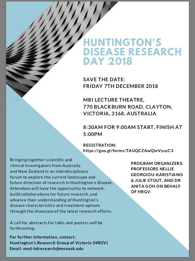 DrAnitaGoh's tweet photo. Please attend our Huntington’s Disease Research day on 7 Dec in Melbourne, Australia! Will be geared towards clinicians, researchers, students, advocates. Promises to be an interactive day full of great speakers! #hrgv #huntingtonsdisease https://t.co/uUsnr8Tmnm