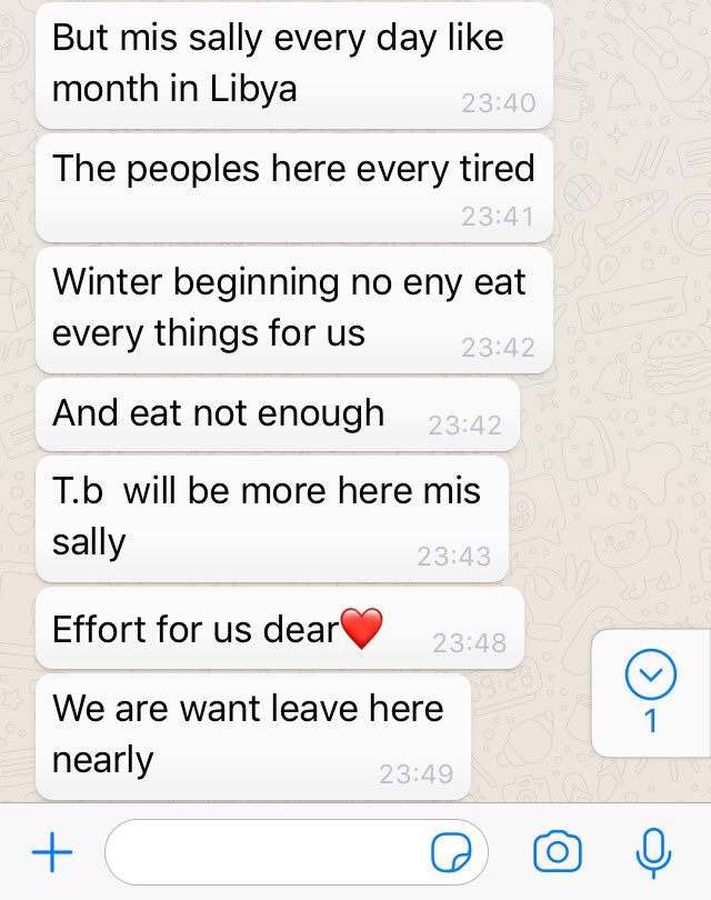 sallyhayd's tweet photo. Talking to a 20yo Eritrean who says he's lost 14kgs since entering into a DCIM-run "official" Tripoli detention centre, because of how little food they're given. He's been imprisoned since trying to cross to Italy eight months ago. #libya https://t.co/H5vF2jYDp2