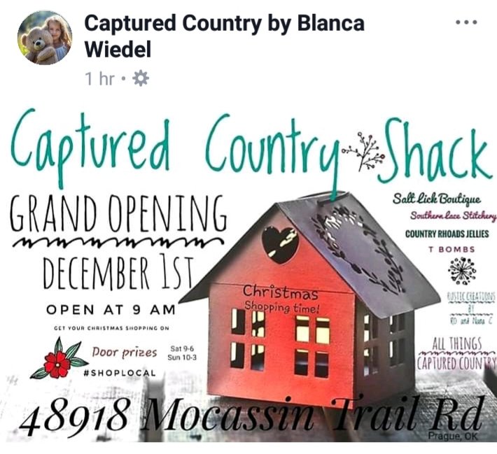Join us for  Captured Country Shack grand opening Sat. Dec. 1st <a href="/okiefoodtrucks/">Okie Food Trucks</a> <a href="/VisitShawneeOK/">Visit Shawnee, OK</a> <a href="/CallAFoodTruck/">Call A FoodTruck OKC</a> #shopsmall #shoplocal #eatlocal