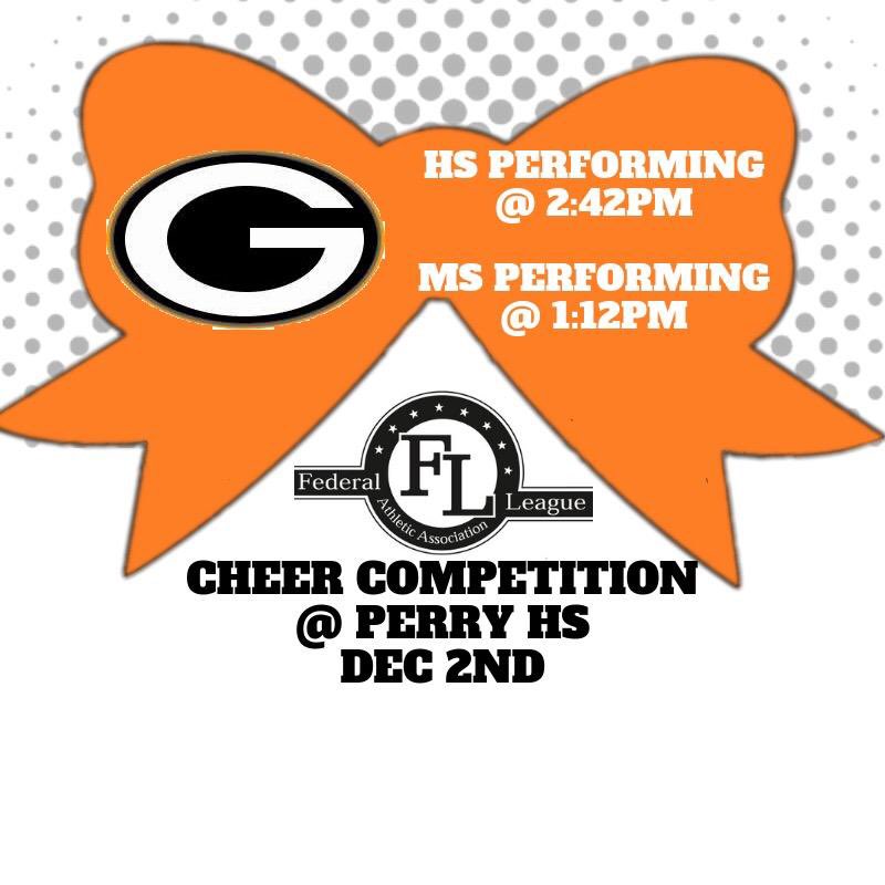 GreenHSCheer's tweet photo. Come support our competition team this weekend at Perry HS for the Federal League Competition! 🧡🖤 https://t.co/96G2DL0mbs
