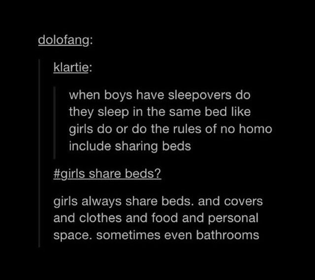 jenntle_'s tweet photo. Why is it that the male species are more afraid to be viewed as ‘homo’ but yet if females do the exact same thing, it’s socially acceptable and not deemed as ‘gay’ at all? Really makes you think about gender roles/expectations placed in society still 
#fresheyes https://t.co/Sr4by912zc