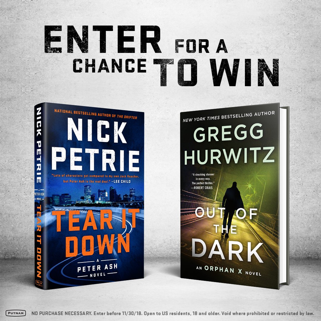 One lucky winner will receive advance copies of Tear It Down by <a href="/_NickPetrie_/">Nick Petrie</a> and Out of the Dark by <a href="/GreggHurwitz/">Gregg Hurwitz</a>. Enter here → buff.ly/2r19U8F
