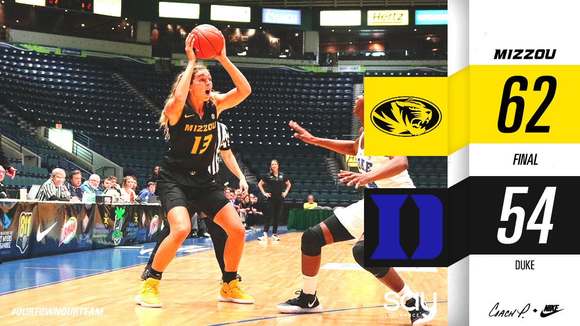 MizzouWBB's tweet photo. FINAL 

#Mizzou beats Duke, 62-54 to finish 5th at the @GCShowcase.

👉 Hannah Schuchts scores a career high 25 points. 🔥

#MIZ #OurTownOurTeam 🐯🏀 https://t.co/9L8EnKAn8n