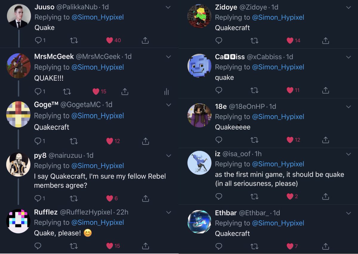 MrsMcGeek's tweet photo. @Simon_Hypixel The people have spoken. #QuakeFTW No other mini-game has received this many votes and likes. Itβs time to take players back to where it all began. @HypixelNetwork https://t.co/gbqcPMf2HY