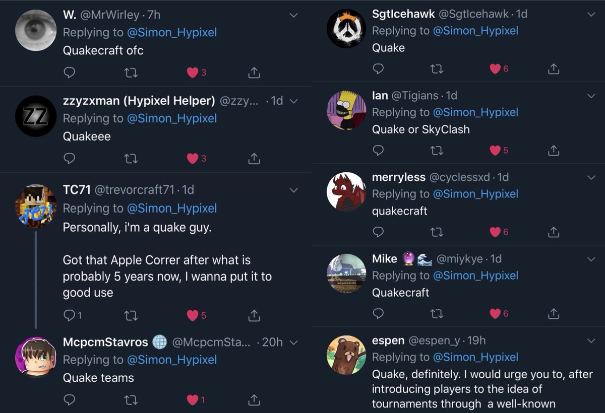 MrsMcGeek's tweet photo. @Simon_Hypixel The people have spoken. #QuakeFTW No other mini-game has received this many votes and likes. Itβs time to take players back to where it all began. @HypixelNetwork https://t.co/gbqcPMf2HY