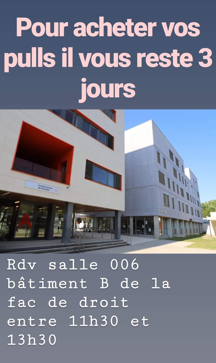 bdedroit's tweet photo. Encore jusqu'à mercredi pour acheter ton #pulldepromo !
Seulement 27€ ! Et 5€ offerts en réglant via l'appli @LyfPay !
#Droit #Grenoble https://t.co/xeiCUU4eoc