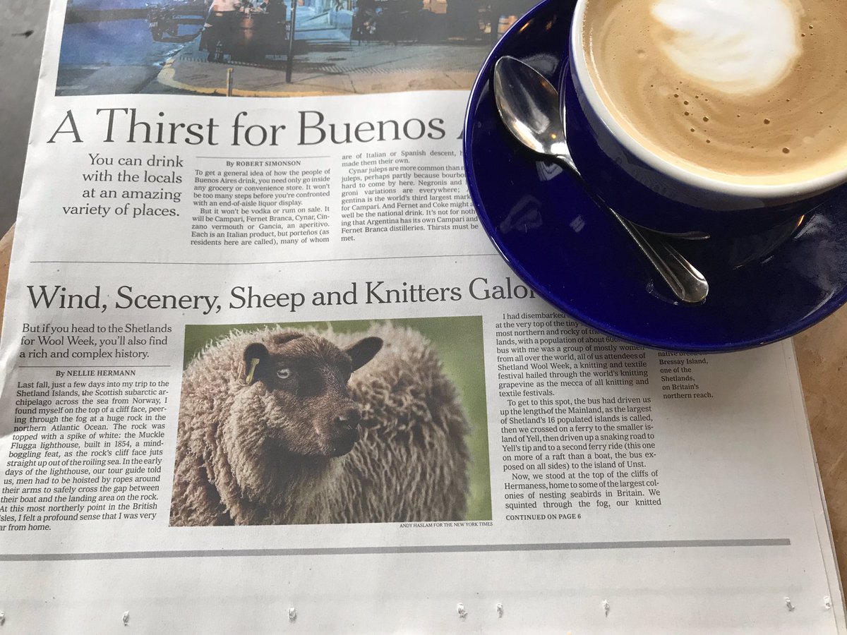 SheepBusiness's tweet photo. Reading up on wool week in the Sunday @nytimes. “Shetland Wool Week... hailed through the world’s knitting grapevine as the mecca of all knitting and textile festivals.” #shetlands #woolweek #wool https://t.co/kMnkDKOowL https://t.co/1SwrSuT18M
