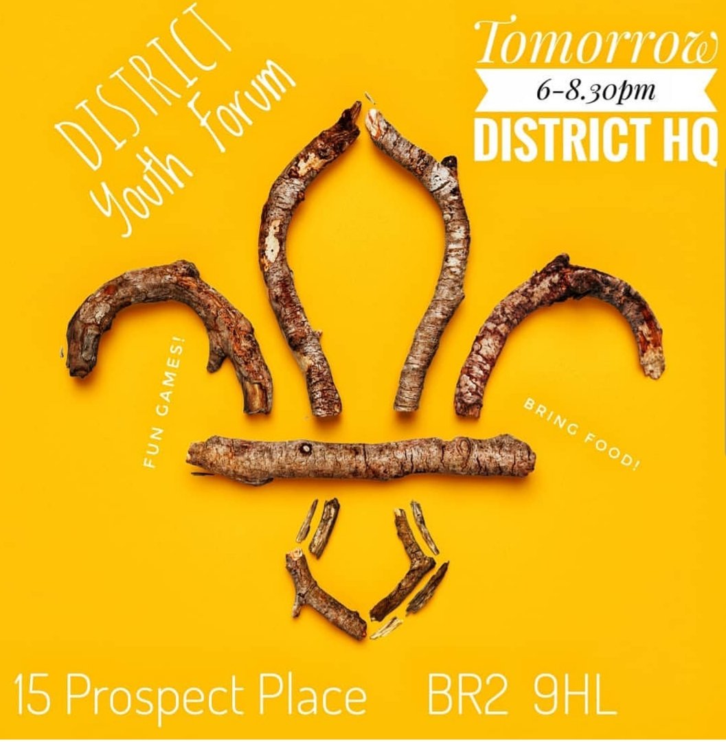 GLSECYC's tweet photo. The Bromley District Youth Forum is tomorrow night and is open to all Scouts and Explorers aged 12+
Come along for fun, food and the start of new adventures!

#scouts #bromleyscouts #skillsforlife https://t.co/0g8JoRgfXt