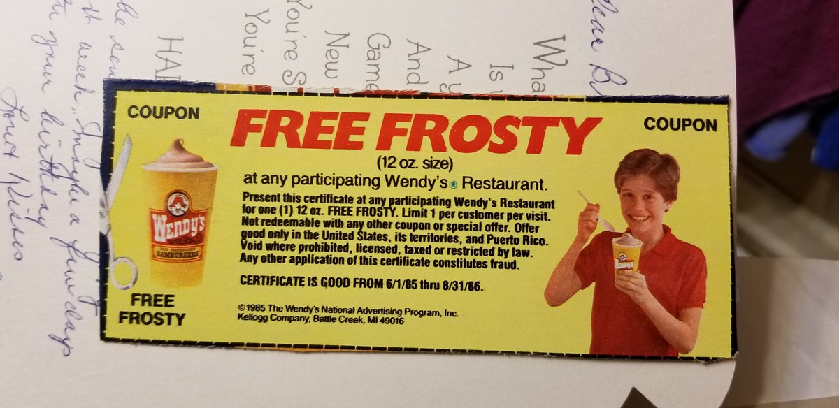 BrianAnderson_3's tweet photo. @Wendys, found a birthday card from 1985 when I turned 6....forgot to use the free frosty coupon. Can I still redeem this? https://t.co/JNNxqih4O7