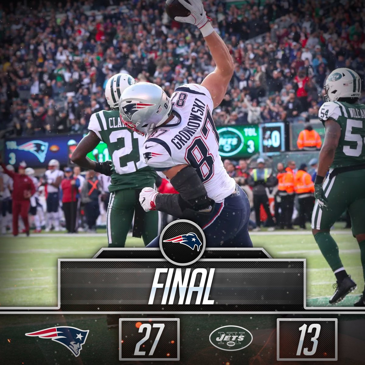 PatsNationCP's tweet photo. VICTORY!!! Your New England Patriots beat the New York Jets by a final score of 27-13!!! https://t.co/NfHBDxOAUB