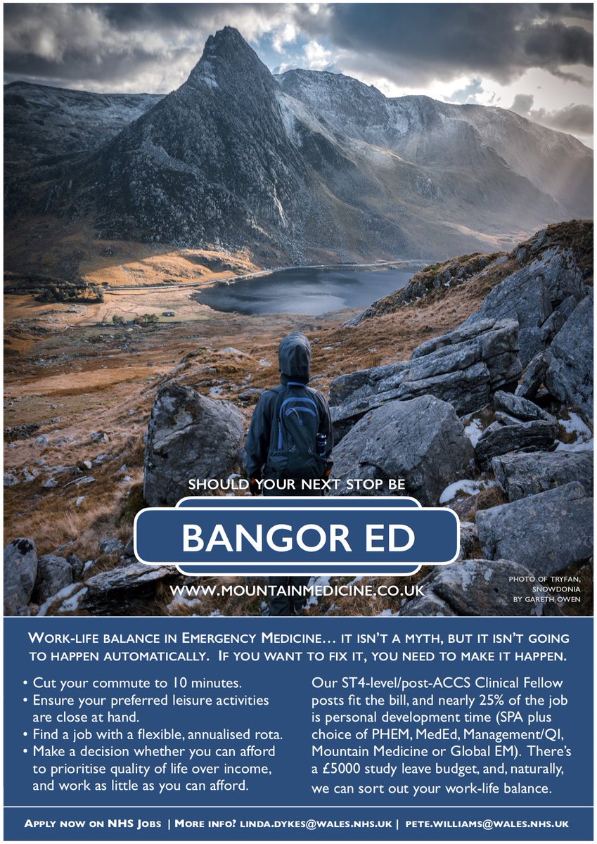 DrLindaDykes's tweet photo. Q: Is work-life balance in Emergency Medicine a myth? 
A: No, but it won't magically happen. 

If you want to experience it pre-CCT, how about a year (6/12 possible) as a Bangor ED Clinical Fellow? Info: https://t.co/fkd8VNBIFW (or DM me) or apply: NHS Jobs Ref 050-ED-CF-0218-A https://t.co/nbEhiHehsm