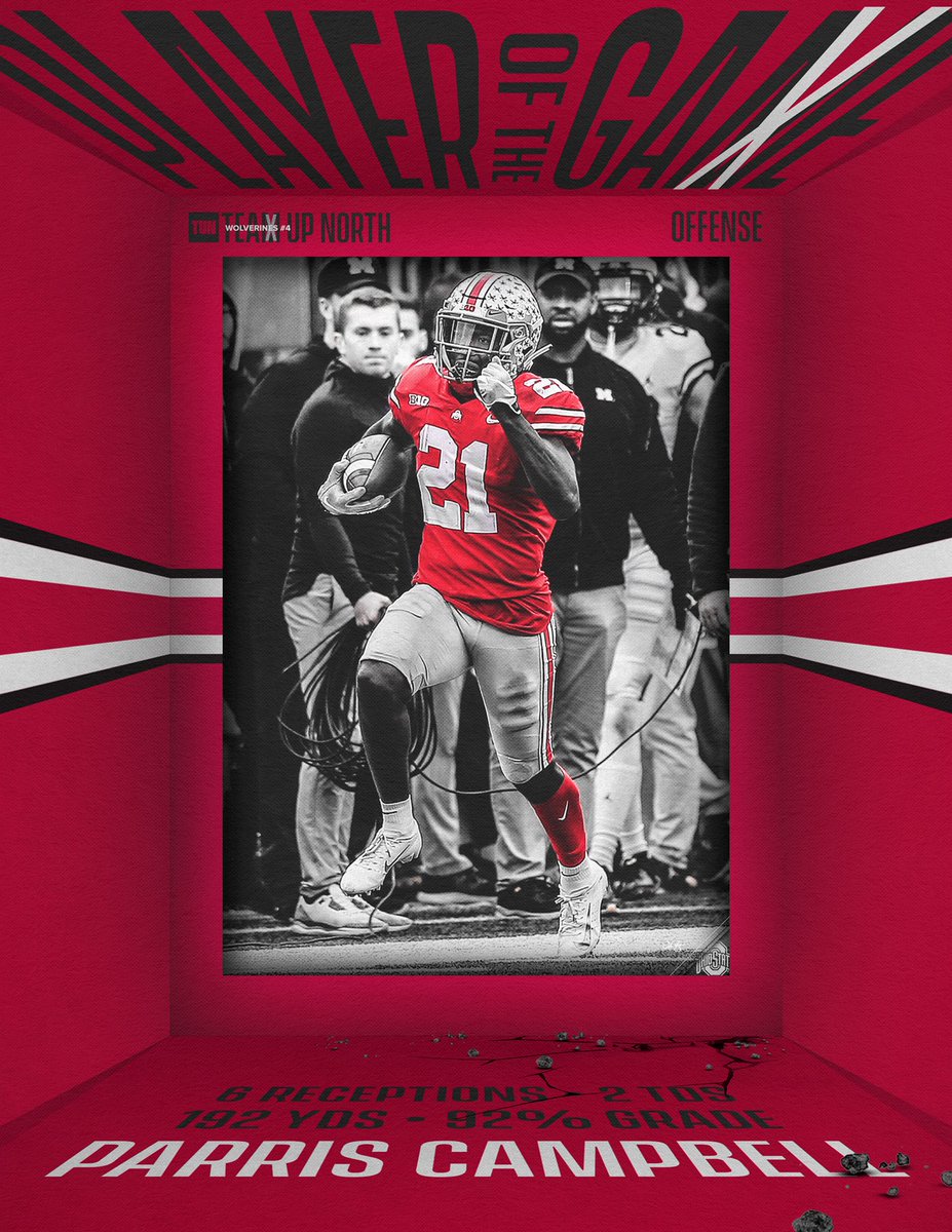 OhioStateFB's tweet photo. 🚨 Your Players of the Game from yesterday’s 62-39 win over That Team Up North:

��� Defense: @Leek_39
🏈 Offense: @PCampbell21
🏈 Special Teams: @JHilliard47, Keandre Jones, @chrisolave_

#GoBucks #WinTheMoment https://t.co/FIoL0xMGeu