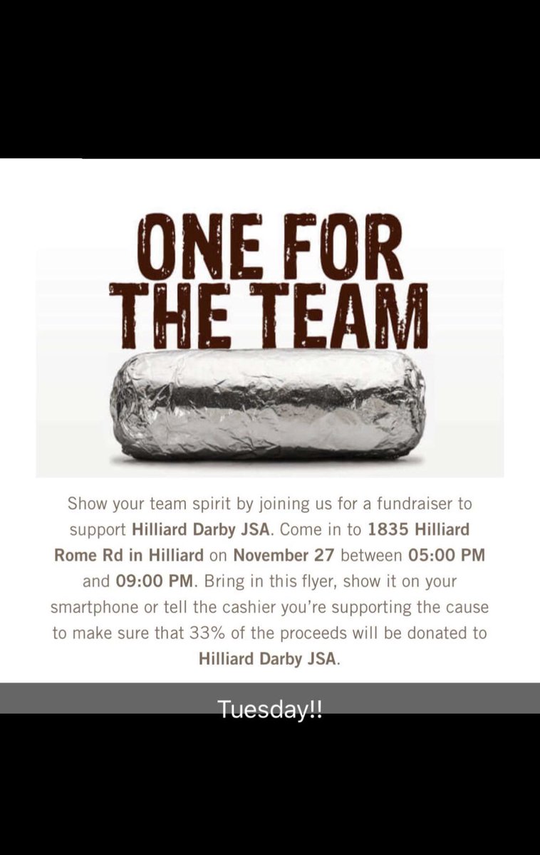 hilliard_jsa's tweet photo. Come To Chipotle on Hilliard Rome Rd. this Tuesday to support Hilliard Darby JSA!!! https://t.co/Jr1eVFzAtU