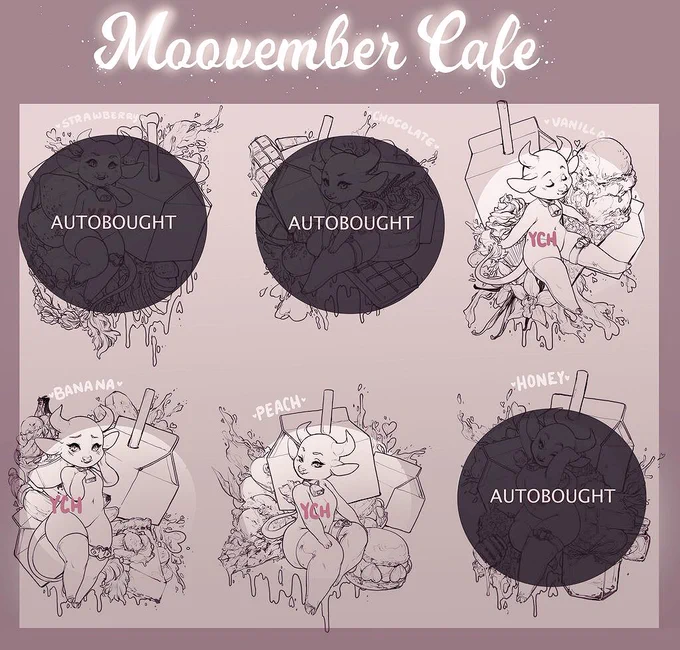 ?? MOOVEMBER YCH IS LIVE ??

• https://t.co/eVJkjvQSMd • 

Vanilla, Banana, &amp; Peach are still available! Thank you all so much for any participation, RTs, and for giving them a look ♡

(As always if you'd like to place a bid without an account, I will place them for you.) 
