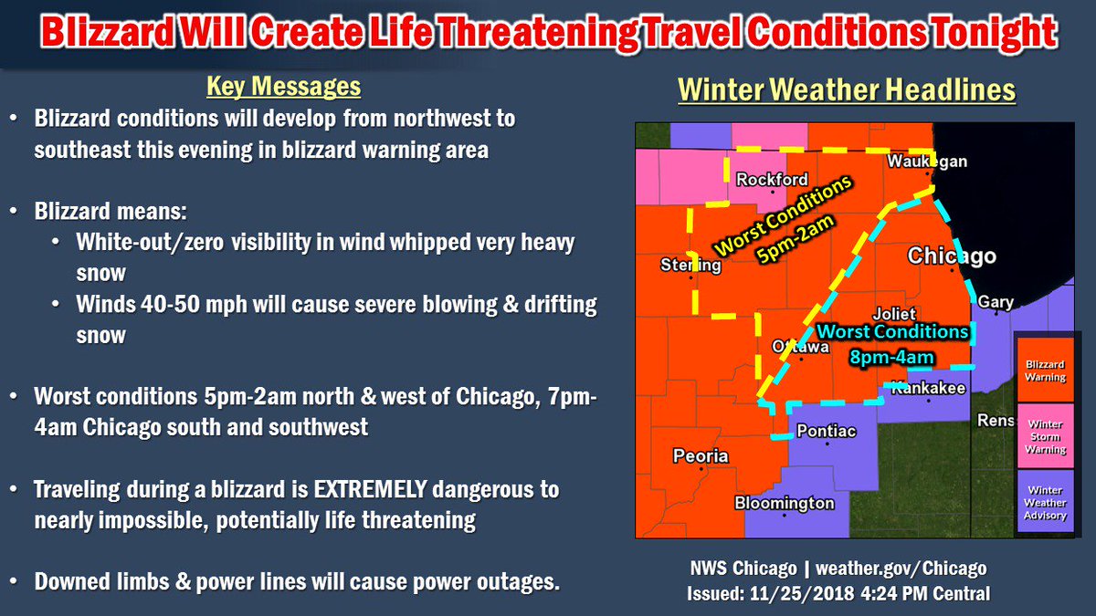 NWSChicago's tweet photo. Blizzard warning now in effect for much of northern Illinois tonight! Travel will become nearly impossible &amp; potentially life threatening! https://t.co/f2aBsLnsh8