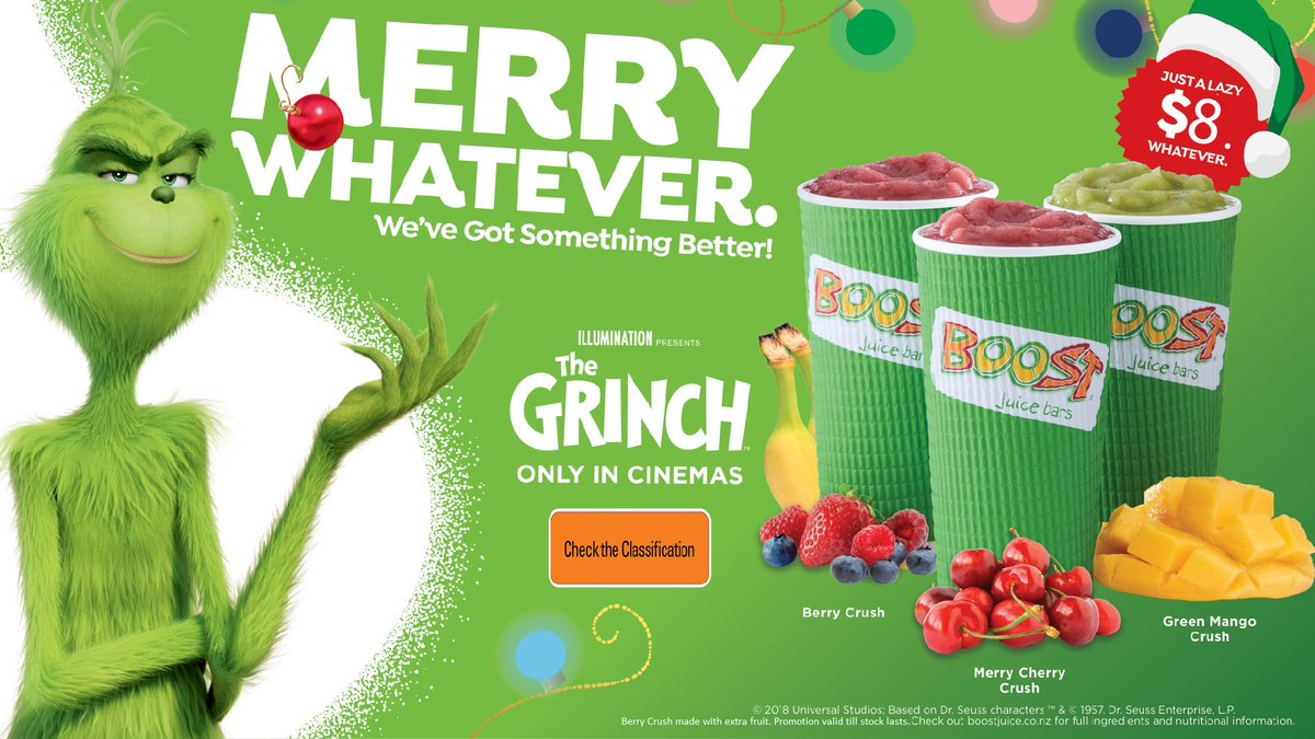 Boost_Juice_NZ's tweet photo. Merry whatever! We've got something better. We're crushing Christmas this time around and bringing you 3 Chrissy Crushes that you'll absolutely love - Merry Cherry Crush, Green Mango Crush &amp; Berry Crush! Just don't leave them under the tree for too long..😎 https://t.co/VHDbofIltO