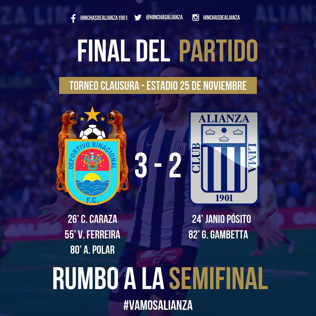 HinchasAlianza's tweet photo. Final del Partido en Moquegua ⚽️

Binacional 3 - 2 Alianza Lima 

#JuntosHastaElFinal 
#ArribaAlianza https://t.co/7lgjfnMH78