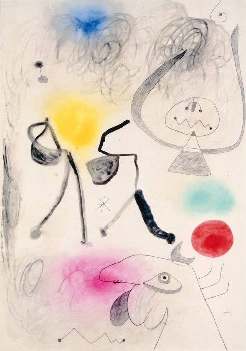 Miró's women, birds and stars. Miró instills life into his characters in his drawings. Femme, oiseau, étoile July 28, 1942 Femme et oiseaux devant le soleil August 4, 1942 Femme devant le soleil, August 5, 1942 Femmes et oiseaux devant le soleil August 8, 1942