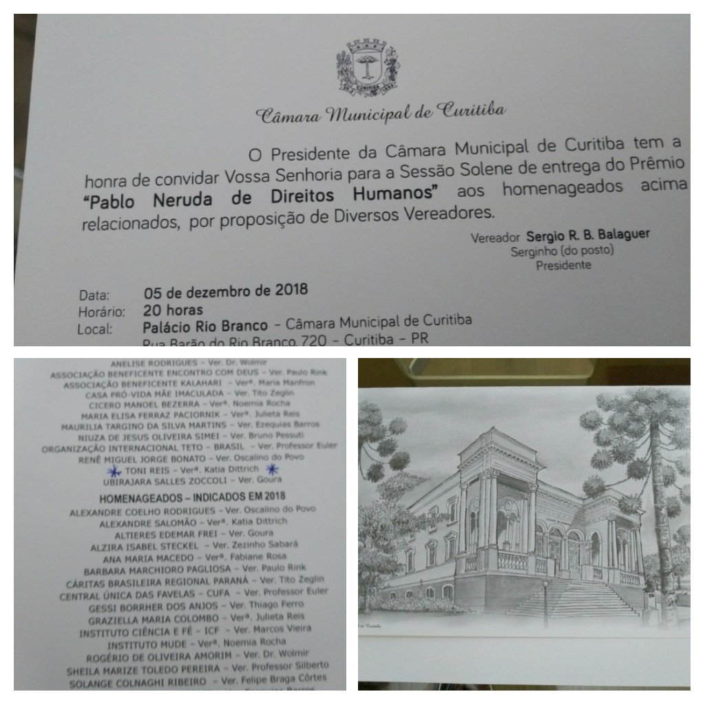 ToniReis2's tweet photo. Lisonjeado
Recebi com muita alegria o convite para ser homenageado, às 20 horas no dia 5 de dezembro na Câmara Municipal de Curitiba, com o prêmio Pablo Neruda de Direitos Humanos, indicado pela vereadora Katia Dittrich.
#GrupoDignidade
#AliancaNacionalLGBTI+
#RedeGayLatino https://t.co/N852ravwg3