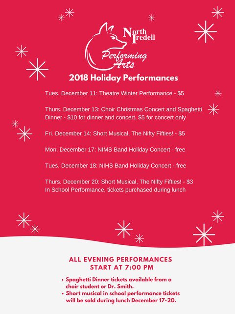NIHSBand's tweet photo. Want to know what’s happening at the North Iredell Performing Arts Center this Holiday Season? Check it out! https://t.co/z44mCwzXHs