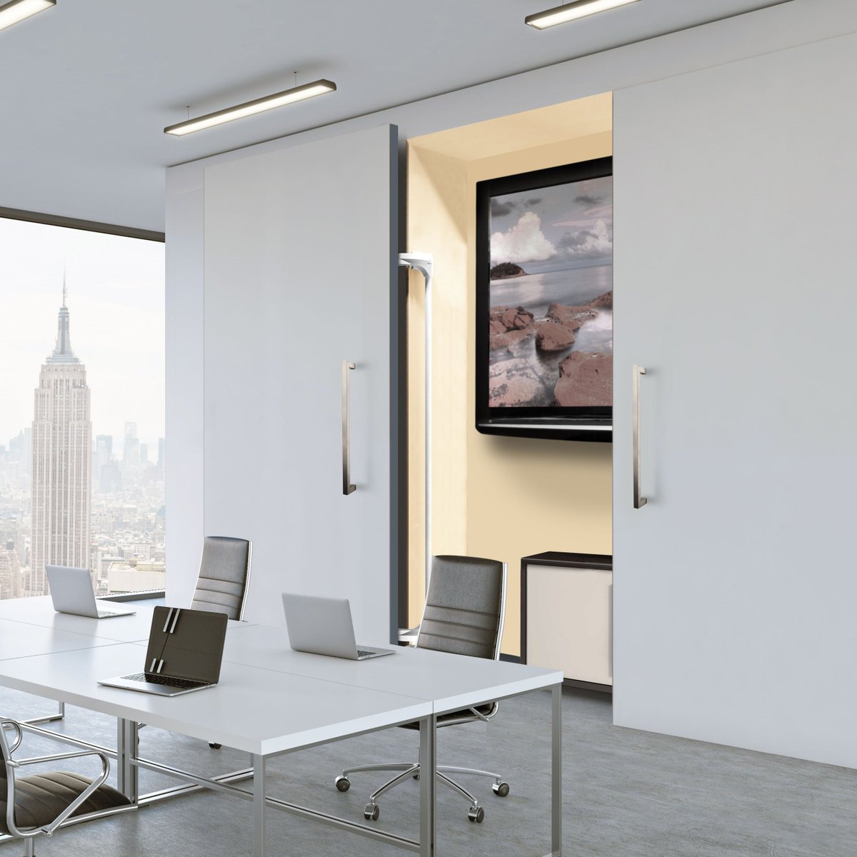 Here's the LIN-X being used in a meeting room where large doors are concealing a TV. If mounted on standard hinges, the doors would swing open blocking a walkway and other valuable space. Check out the LIN-X online here: ow.ly/8QHJ30mGPRH #interiordesign #design