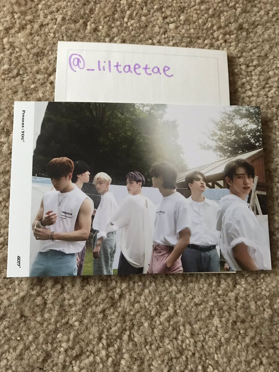 _liltaetae's tweet photo. wtt~

group: got7
album: present you 
have: group lyrics postcard 
want: jaebum/jb lyrics postcard 
location: us
ww: no :( 
• please dm!! 
@got7tradingUSA @GOT7trading @tradkpop @IGOT7Trading https://t.co/h3kpB4tfvH