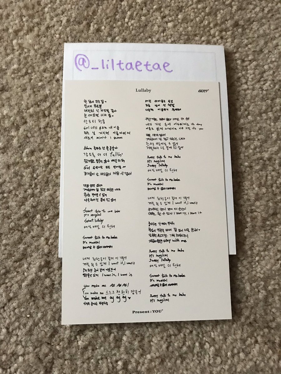 _liltaetae's tweet photo. wtt~

group: got7
album: present you 
have: group lyrics postcard 
want: jaebum/jb lyrics postcard 
location: us
ww: no :( 
• please dm!! 
@got7tradingUSA @GOT7trading @tradkpop @IGOT7Trading https://t.co/h3kpB4tfvH