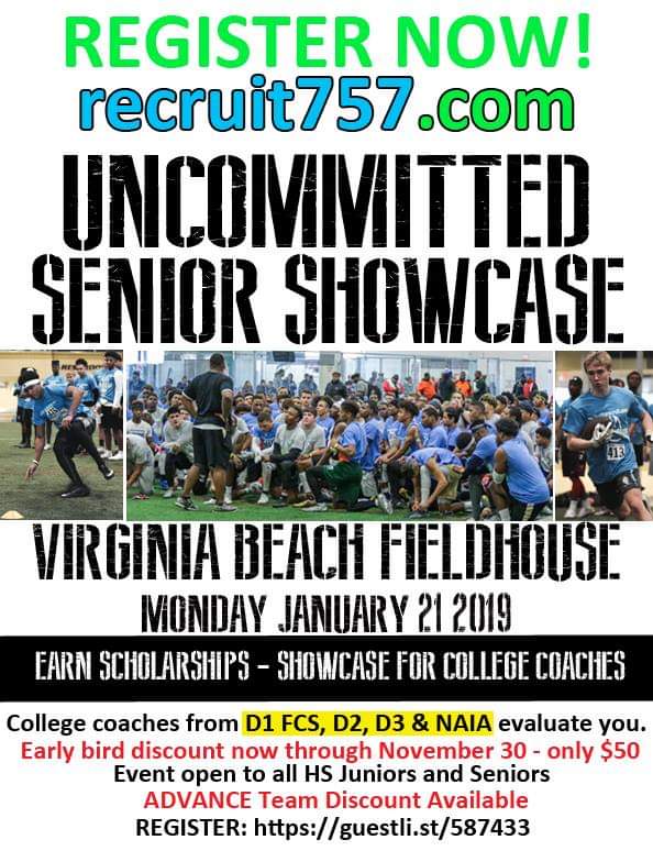 The Early Bird Deadline is FRIDAY! Don't miss the biggest and best recruiting showcase in the state.  Don't wait to walk up for the recruit757 Uncommitted Senior Showcase.

LINK: guestli.st/587433