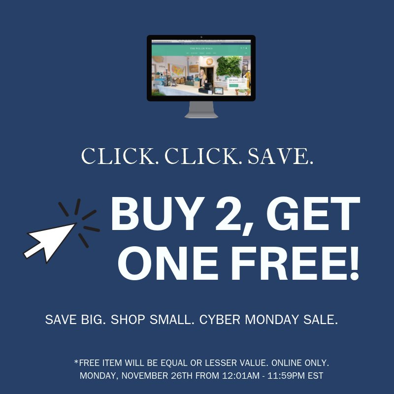 thewilliewags's tweet photo. It's CYBER MONDAY...the one Monday every year that you actually look forward to! Start saving with BUY 2, GET 1 FREE on our entire website! https://t.co/owMZhkWiFQ #thewilliewags #cybermonday #shopsmall #shoplocal #shopsmallbiz #downtownbangor #bangor #maine #downtownbangormaine https://t.co/nQweTQGi9R