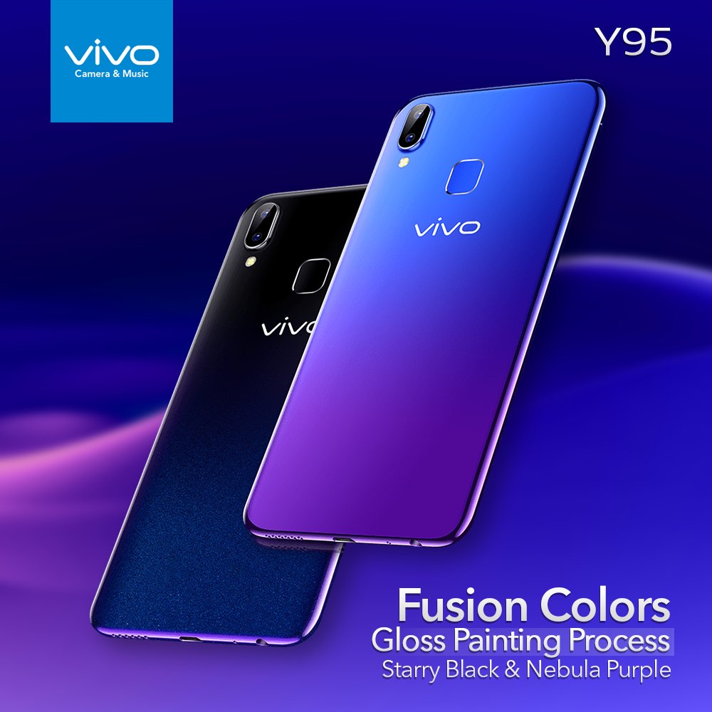 vivopakistan's tweet image. The Vivo Y95 adopts a whole new gloss painting process on the back, perfectly blending the hues of black, blue and purple #VivoY95 #FusionColors