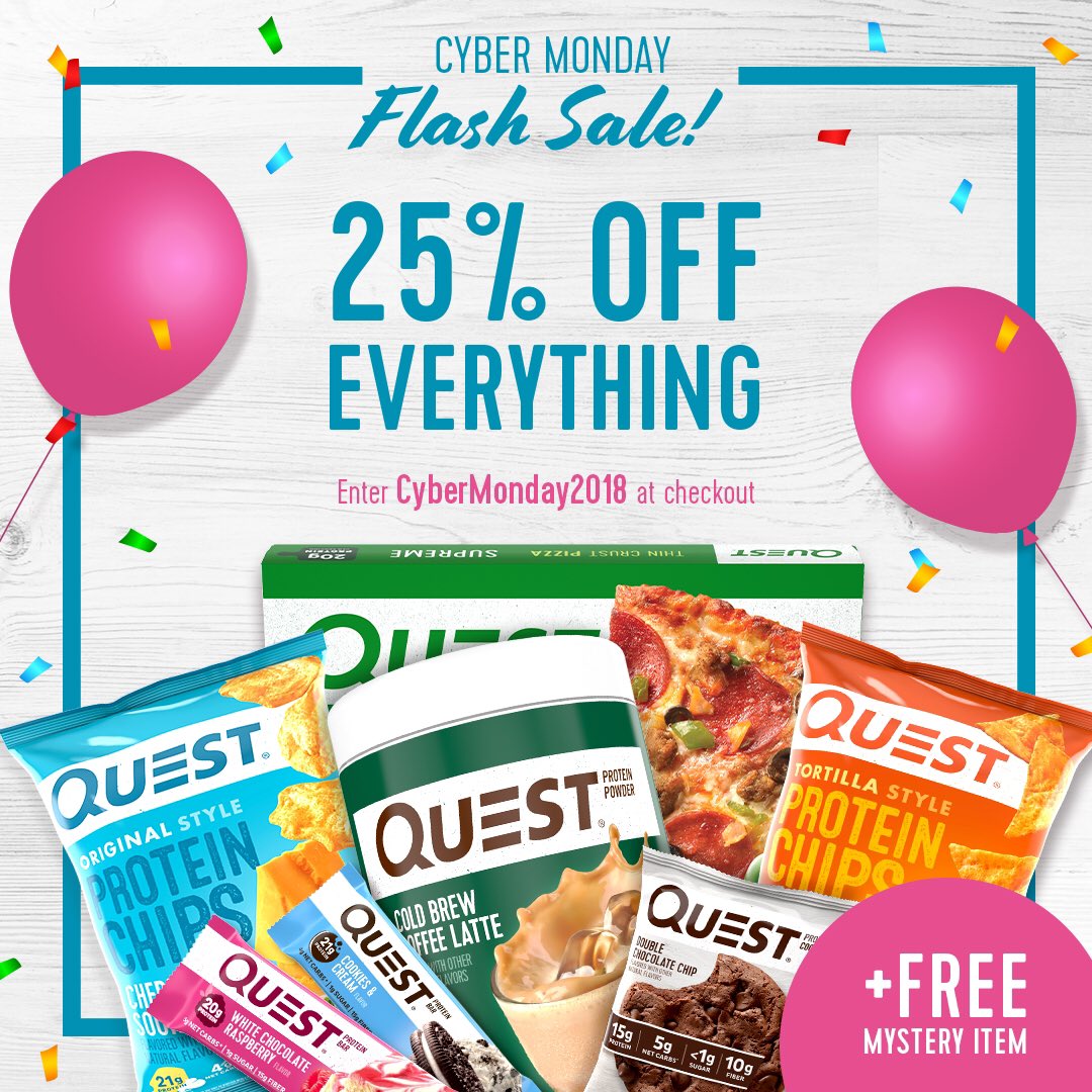 #CyberMonday FLASH SALE! Today only, we’re cutting 25% off everything at questnutrition.com.

There’s no minimum to buy so restock or try out only what you need! We’re even throwing in a mystery item for the first 500 orders. It’s a little something from us to you.
