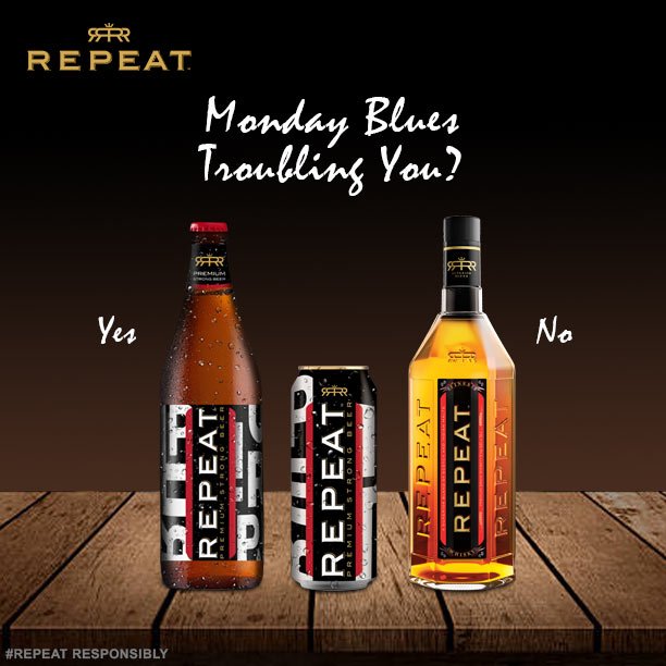 RepeatIndia's tweet photo. Monday blues troubling you?
#Whisky #Brew #Beer #Chilled #DrinkResponsibly #Repeat #Premium #Grain #Cheers #GoodThings #CallForARepeat #RepeatWhisky #WhiskyDrinkers #RepeatDrinkers #RepeatBeer https://t.co/r6xbKu6STN