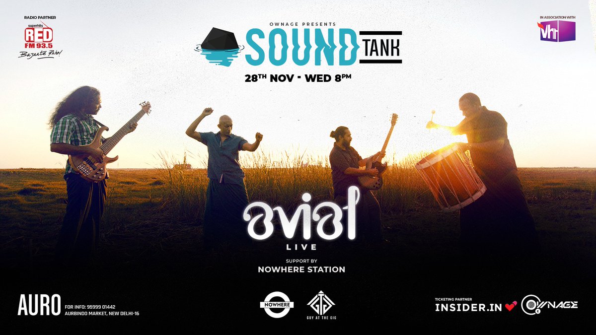 vh1india's tweet photo. Catch the launch of @SoundTankIndia ft the Kerala legends, @avialofficial, live at @aurokitchenbar, New Delhi  on the 28th of November!

Support by Nowhere Station. 

Tickets at: https://t.co/1qj1lEhzCq 

@ownage_ent @insiderdotin #SoundTank #Avial #Delhi #NowhereStation #Music https://t.co/7w6tL9bzWJ
