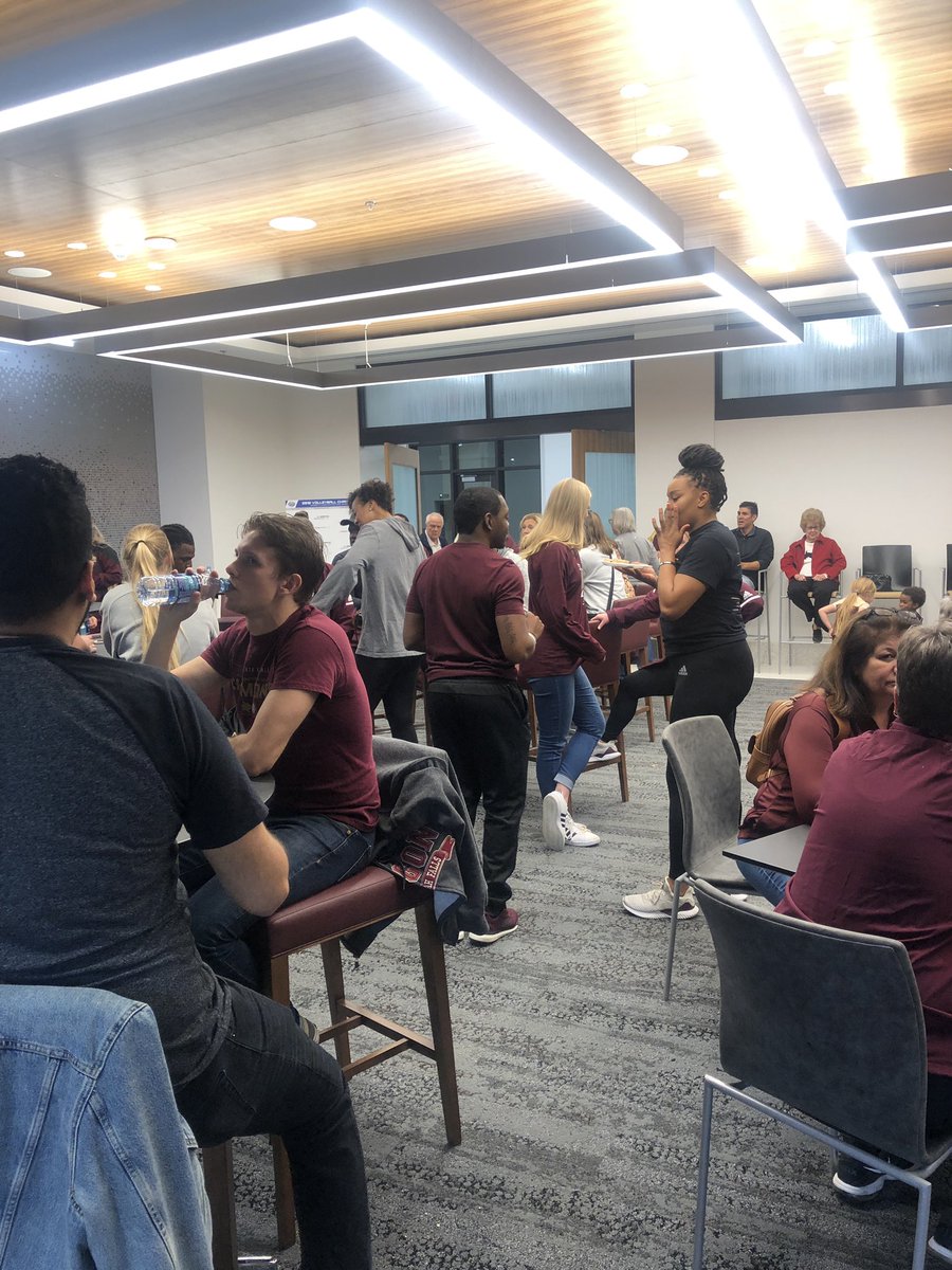 KTSWSports's tweet photo. Checking in from the Richard A. Castro Legacy Club in #StrahanArena. @TexasStateVball awaits their spot in the #NCAATourney https://t.co/eIvdiE5aR0