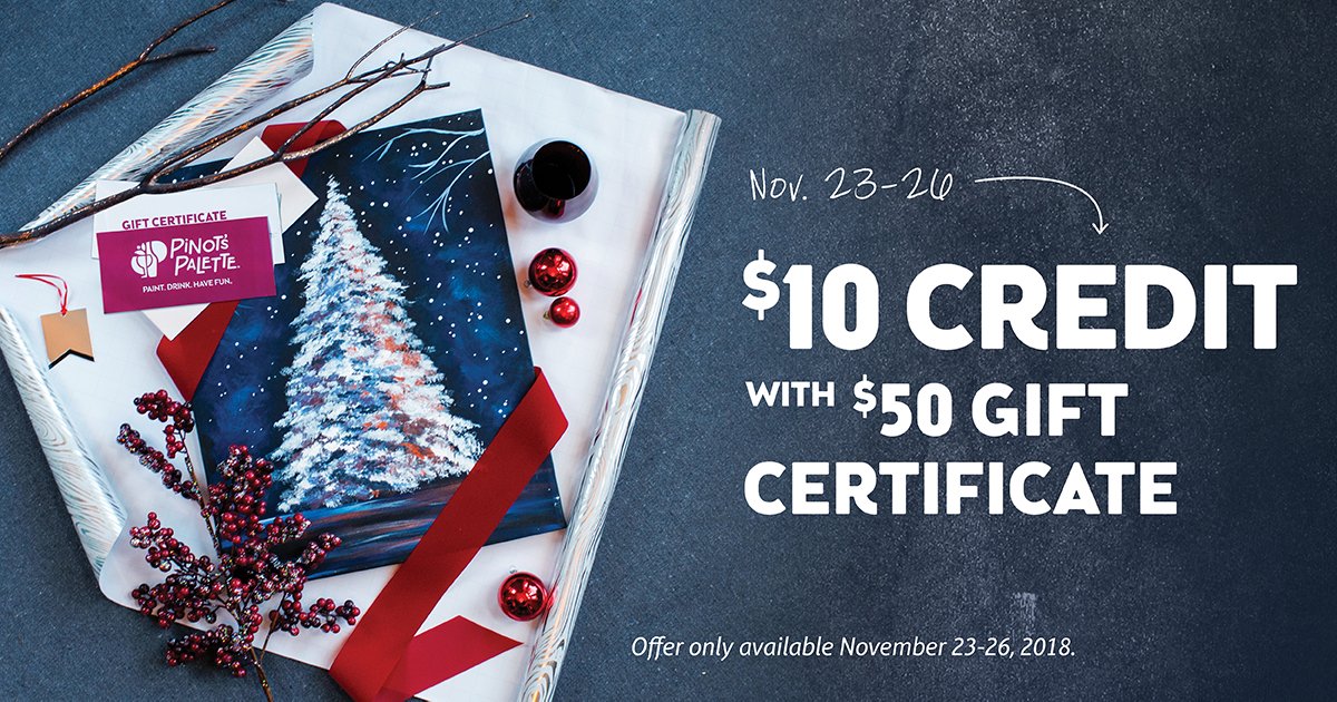 PinotNorthShore's tweet photo. Now until Nov 26th, we'll throw in an extra $10 credit for you for every $50 you spend on Pinot's Palette gift certificates.* Keep it, give it away, save it for a rainy day – it's up to you. #pinotspalette #cybermonday #statenisland https://t.co/9mZtpFyZQq https://t.co/NaWaMLpSV3