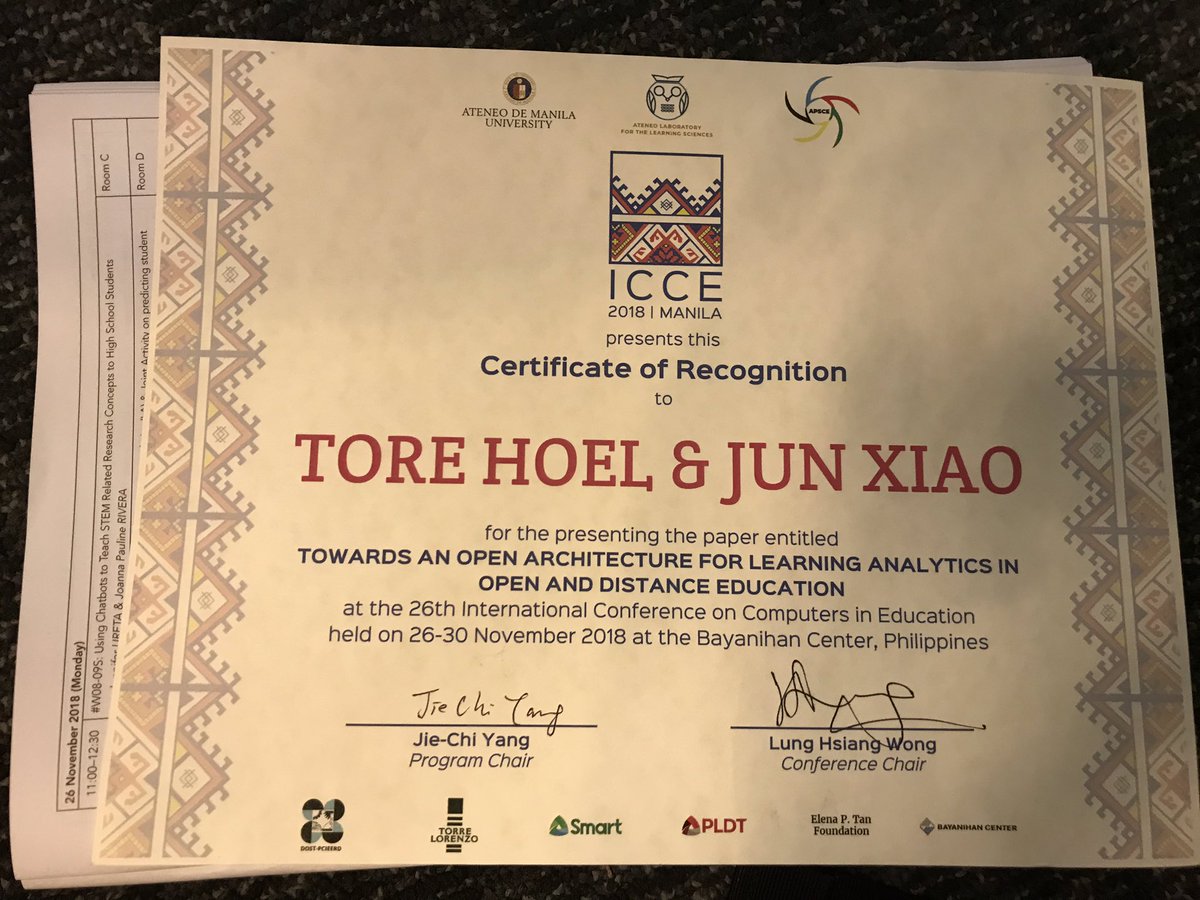 tore's tweet photo. First out at #icce2018 in Manila presenting work I've been doing in Shanghai the last months on developing an open architecture for #learninganalytics for online learning based on Chinese use cases https://t.co/RtNzSwqp3l