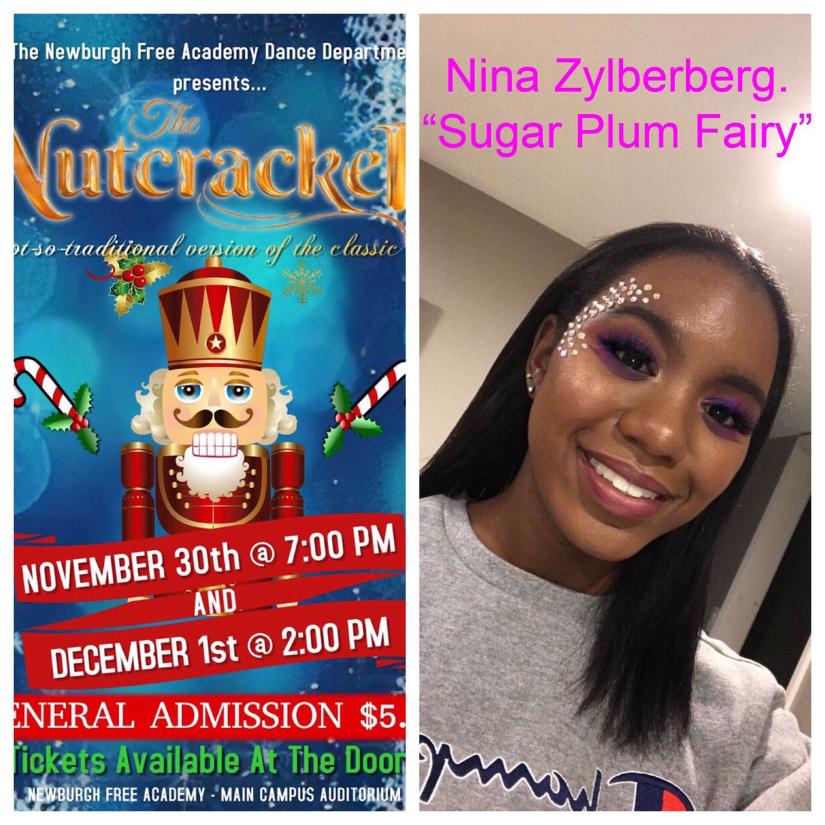 NFA_Dance's tweet photo. Meet Nina Zylberberg class of 2019 &amp; Sugar Plum Fairy in the NFADance  production of The Nutcracker! Don’t miss your chance to see her +200 other dance students perform Fri.11/30 @7:00 &amp; Sat.12/1 @2:00. Tickets available at the door #NFADance #GoldbacksHaveTalent #Nutcracker2018 https://t.co/iIiHMKhH0v