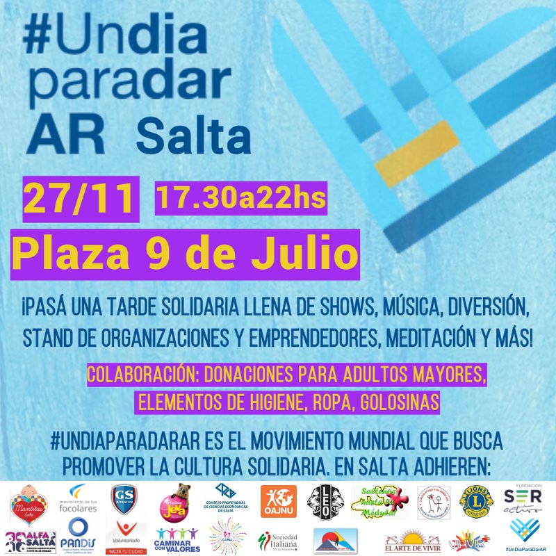 SumanVoluntades's tweet photo. El Martes 27 en #Salta celebramos #UnDiaParaDarAR💙
Vení a la Plaza 9 de Julio a partir de las 17.30 hs a pasar una tarde super solidaria 🙌❤️
🗣 Shows + stands de organizaciones y SORPRESAS!
🙆♀ Juntaremos donaciones para adultos mayores #GivingTuesday #UDPD2018 https://t.co/gETsPkj66x